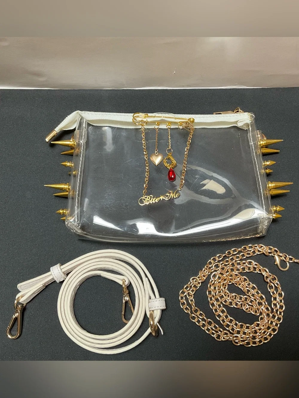 BITE ME Spike Studded Gothic Transparent Bag Crossbody Clear Clutch Gold